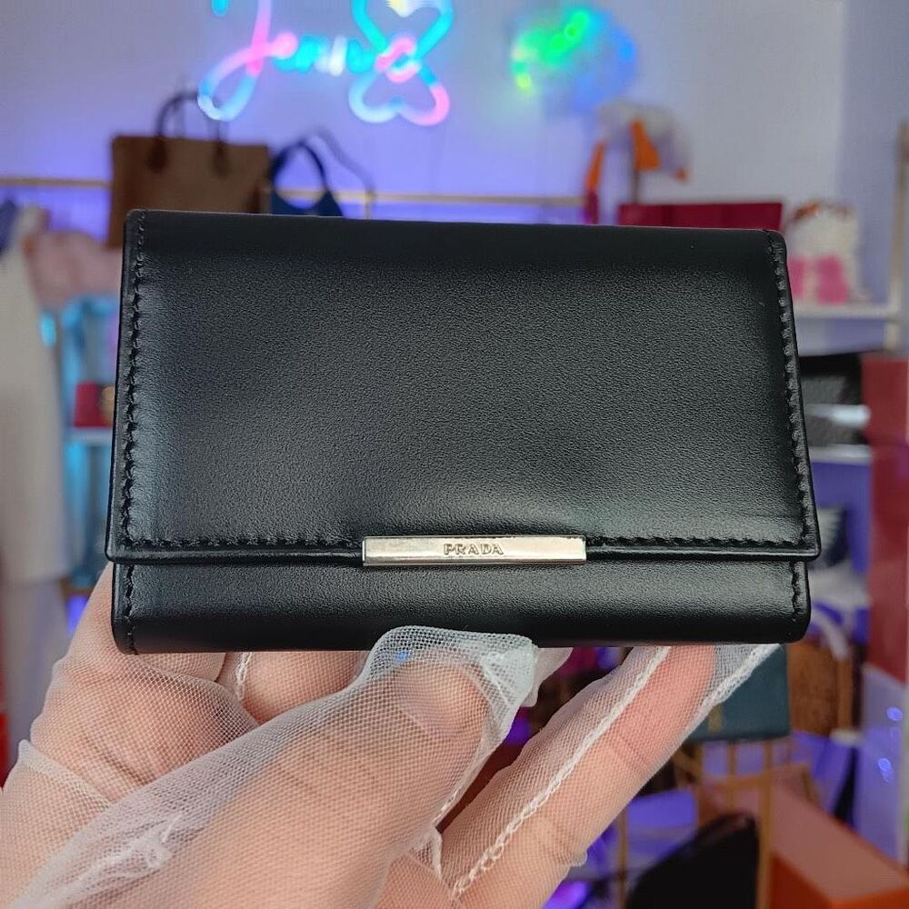 Prada Black Smooth Leather 6 Silver Ring Key Case Pouch